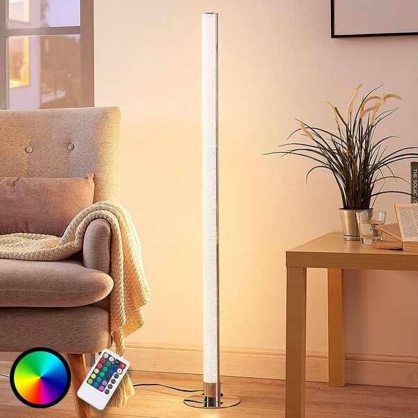 Lindby LED stojací lampa Hadis, RGB, dálkové ovládání, bílá, 120 cm, stmívatelný, Chrom / stříbro, Obývací pokoj / jídelna, Plast, Moderní