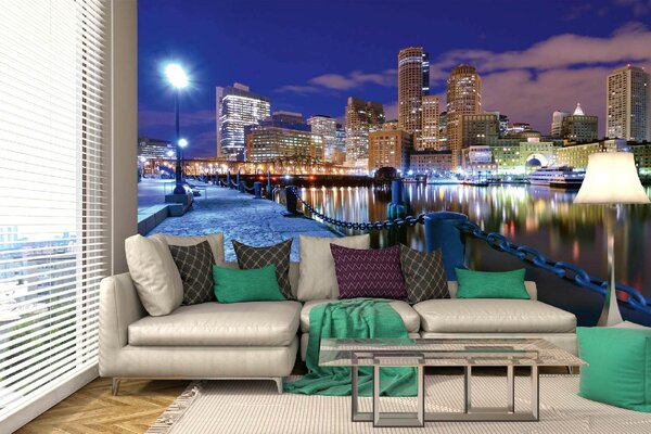 DIMEX | Vliesová fototapeta Financial District, Boston MS-5-2938 | 375 x 250 cm | modrá, bílá, černá, žlutá, hnědá