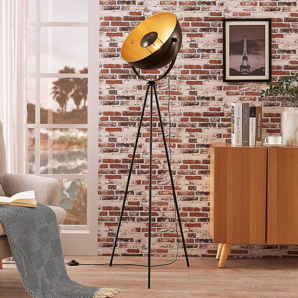 Lindby Stojací lampa Meline, černá/zlatá, kov, trojnožka, Černá, Obývací pokoj / jídelna, kov, Moderní, Lampa trojnožka