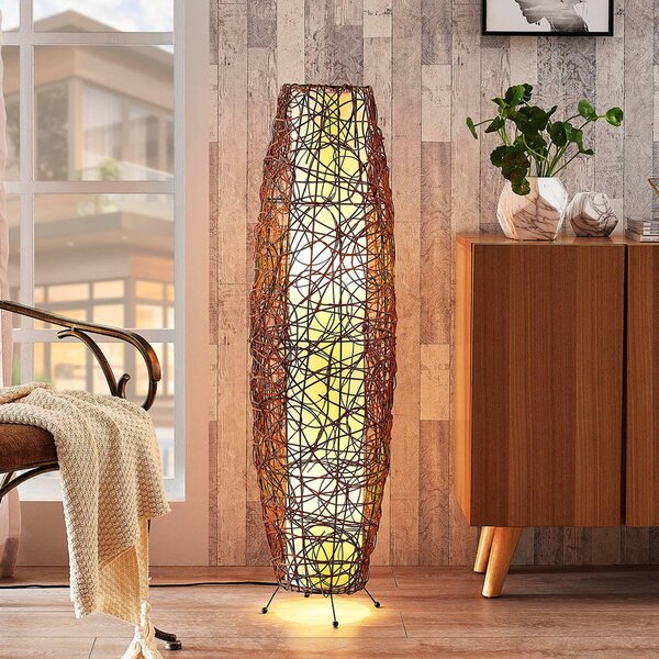 Lindby Stojací lampa Nias, výška 111 cm, ratan, textil, Hnědá / rez, Obývací pokoj / jídelna, Dřevo, Moderní