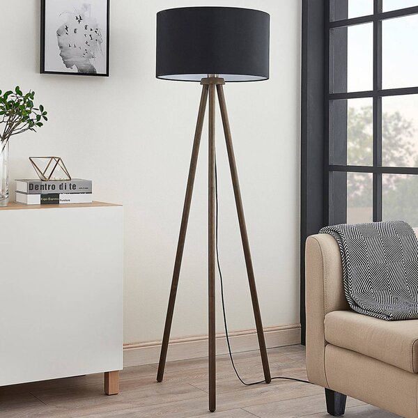 Lindby Textilní stojací lampa Majken - tmavě šedá/černá, Černá, Obývací pokoj / jídelna, Dřevo, Skandinávský, stojací lampa