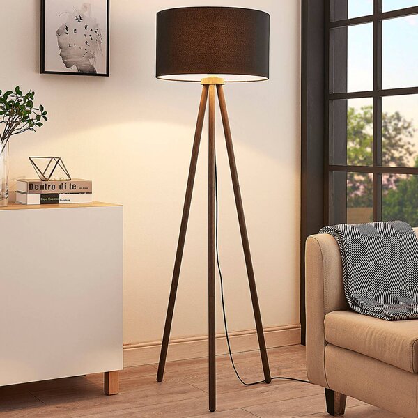 Lindby Textilní stojací lampa Majken - tmavě šedá/černá, Černá, Obývací pokoj / jídelna, Dřevo, Skandinávský, stojací lampa