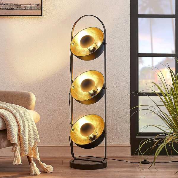 Lindby Stojací lampa Muriel, 3 světla, černá/zlatá, kov, Černá, Obývací pokoj / jídelna, kov, Moderní