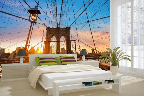DIMEX | Vliesová fototapeta Brooklyn Bridge při západu slunce MS-5-2966 | 375 x 250 cm | modrá, žlutá, hnědá