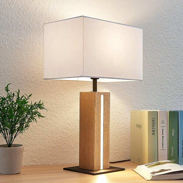 Lindby Stolní lampa Garry, 2 světla, bílá, dřevo, 53 cm, E27, stmívatelný, Bílá / opál, Obývací pokoj / jídelna, Textil / tkanina / hedvábí, Moderní