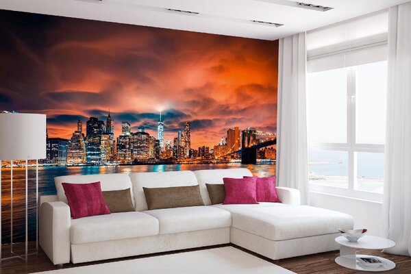 DIMEX | Vliesová fototapeta NYC př západ slunce MS-5-3010 | 375 x 250 cm | modrá, bílá, černá, oranžová