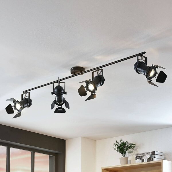 Lindby Stropní bodové svítidlo Tilen, 4 světla, černé, kov, 125 cm, stmívatelný, Černá, Obývací pokoj / jídelna, kov, Industriální design