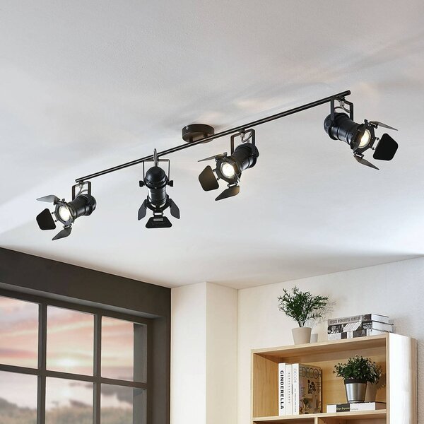 Lindby Stropní bodové svítidlo Tilen, 4 světla, černé, kov, 125 cm, stmívatelný, Černá, Obývací pokoj / jídelna, kov, Industriální design