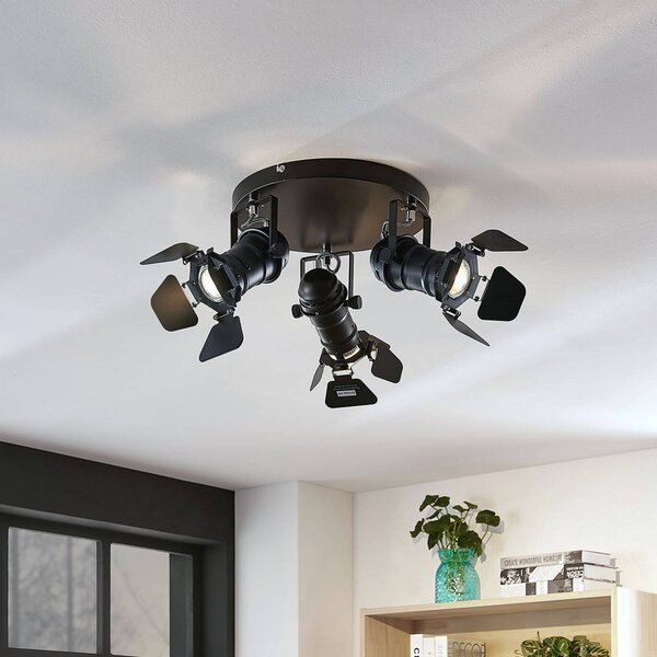 Lindby Stropní bodové svítidlo Tilen, 3 světla, černé, kov, Ø 54 cm, stmívatelný, Černá, Obývací pokoj / jídelna, kov, Industriální design