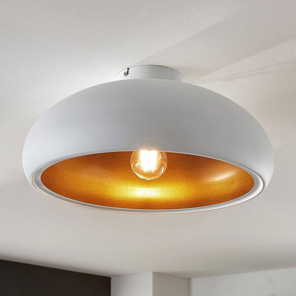 Lindby Stropní svítidlo Gerwina, bílá/zlatá, kov, 40 cm, E27, stmívatelný, Bílá / opál, Obývací pokoj / jídelna, kov, Moderní