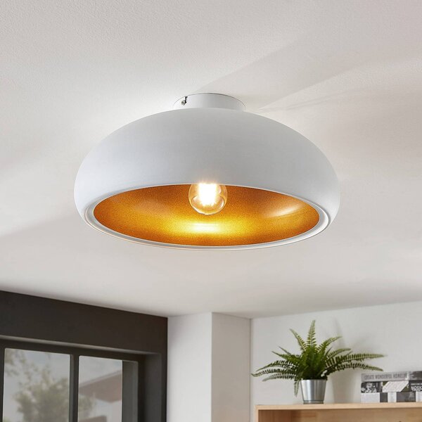 Lindby Stropní svítidlo Gerwina, bílá/zlatá, kov, 40 cm, E27, stmívatelný, Bílá / opál, Obývací pokoj / jídelna, kov, Moderní