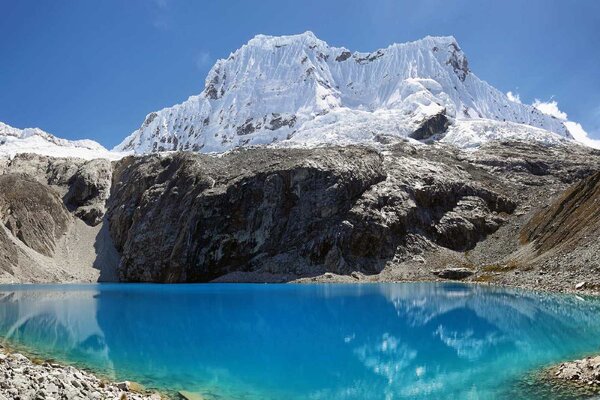 DIMEX | Vliesová fototapeta Jezero Huascaran MS-5-3067 | 375 x 250 cm | modrá, bílá, šedá