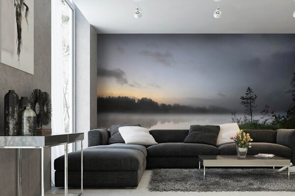 DIMEX | Vliesová fototapeta Jezero ve Švédsku MS-5-3070 | 375 x 250 cm | zelená, žlutá, šedá