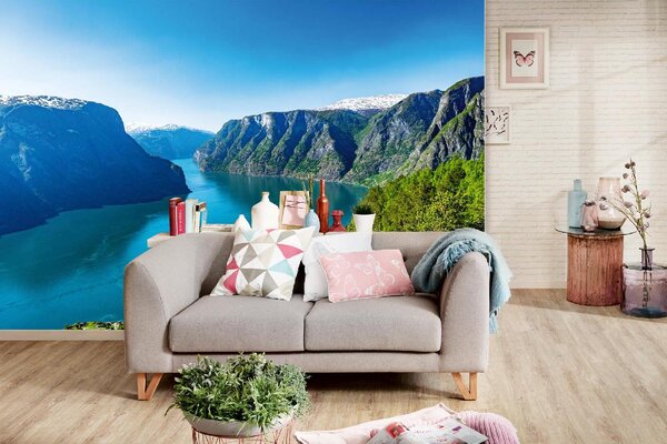 DIMEX | Vliesová fototapeta Sognefjord v létě MS-5-3081 | 375 x 250 cm | zelená, modrá, bílá