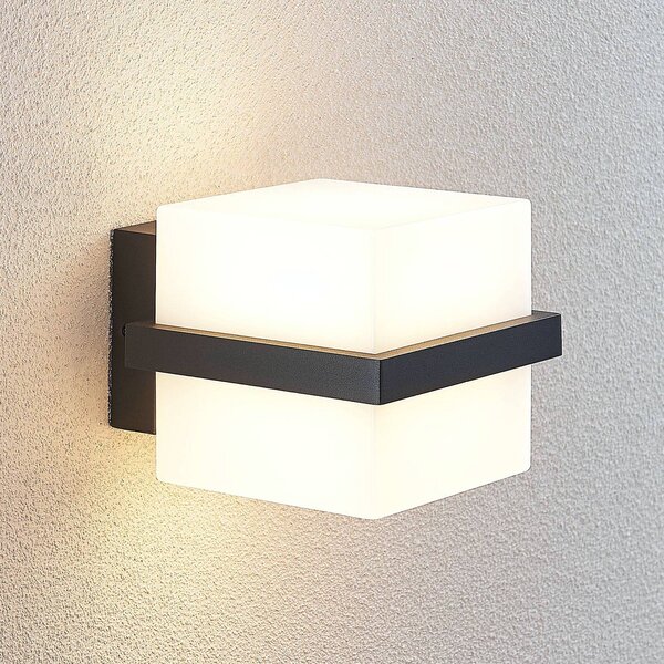 Lindby LED venkovní nástěnná svítilna Auron, tvar krychle, Černá, Plast, Moderní