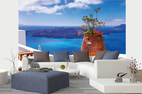 DIMEX | Vliesová fototapeta Ostrov Santorini MS-5-3121 | 375 x 250 cm | modrá, bílá, hnědá