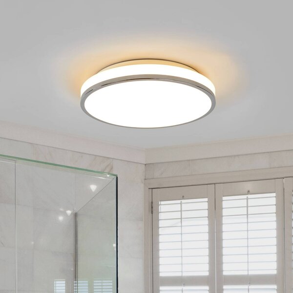 Lindby LED stropní svítidlo Lyss, Ø 34 cm, chromová barva, IP44, Bílá / opál, Koupelna, Sklo, Moderní
