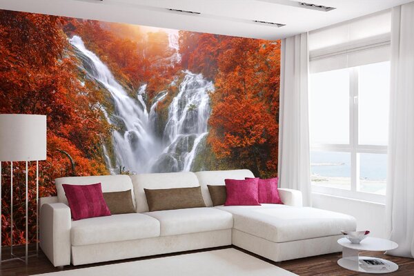 DIMEX | Vliesová fototapeta Vodopád Thi Lo Su MS-5-3180 | 375 x 250 cm | zelená, bílá, oranžová