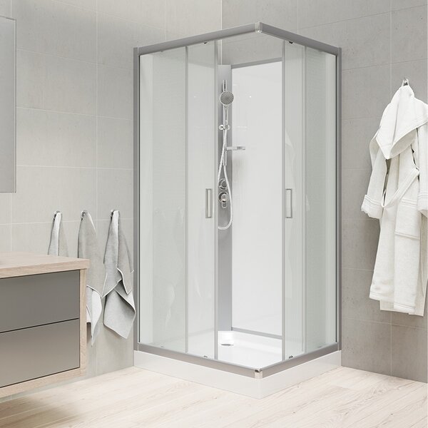 Sprchový box, čtvercový, 90 cm, profily satin, sklo Point, záda bílá, SMC vanička, bez stříšky