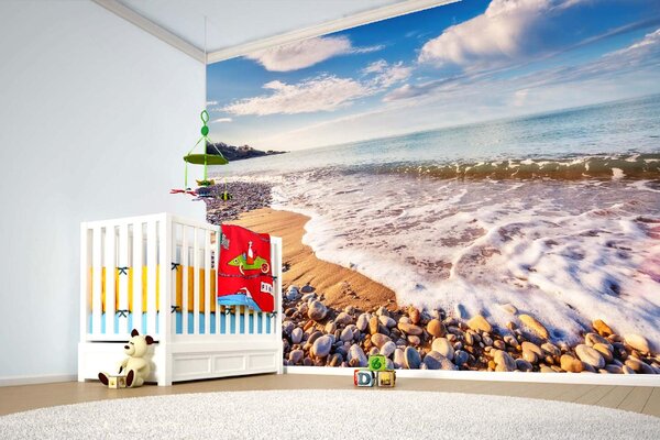 DIMEX | Vliesová fototapeta Makauda Beach, Sicílie MS-5-3225 | 375 x 250 cm | modrá, bílá, žlutá