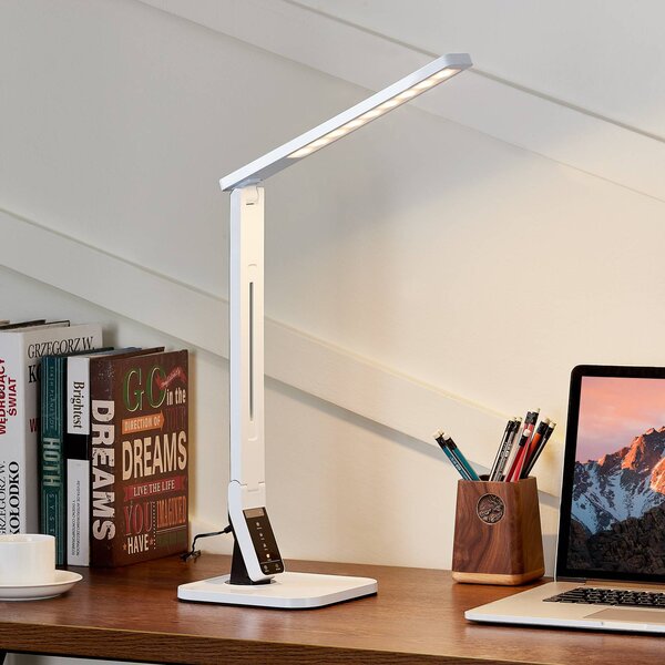 Lindby Stolní LED lampa Eleni, bílá, stmívatelná, stmívatelný, Bílá / opál, Pracovna / kancelář, Plast, Moderní