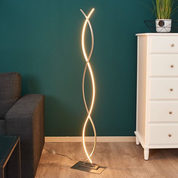 Lindby Vlnitá stojací lampa LED Bobi, Hliník / šedá / zinek, Obývací pokoj / jídelna, Hliník, Moderní