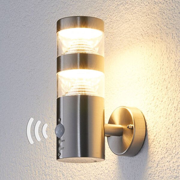 Lindby LED venkovní nástěnné svítidlo Lanea, 22 cm, nerezová ocel, senzor, Hliník / šedá / zinek, Nerezová ocel, Moderní