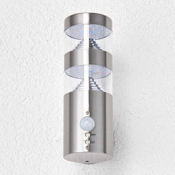 Lindby LED venkovní nástěnné svítidlo Lanea, 22 cm, nerezová ocel, senzor, Hliník / šedá / zinek, Nerezová ocel, Moderní