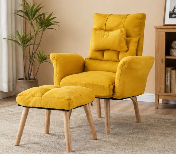 Relaxační křeslo, polohovací, s podnožkou, dřevo/textil, 101x85x69 cm, nohy světlé/hořčicová, Dekorino SILVANA