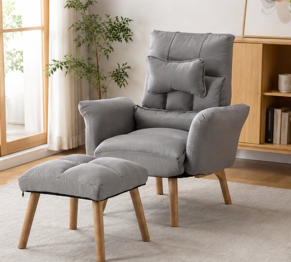 Relaxační křeslo, polohovací, s podnožkou, dřevo/textil, 101x85x69 cm, nohy světlé/šedá, Dekorino SILVANA