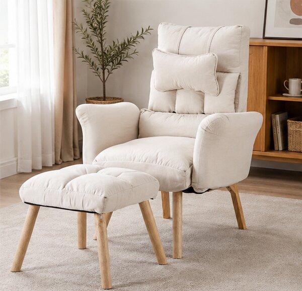 Relaxační křeslo, polohovací, s podnožkou, dřevo/textil, 101x85x69 cm, nohy světlé/béžová, Dekorino SILVANA