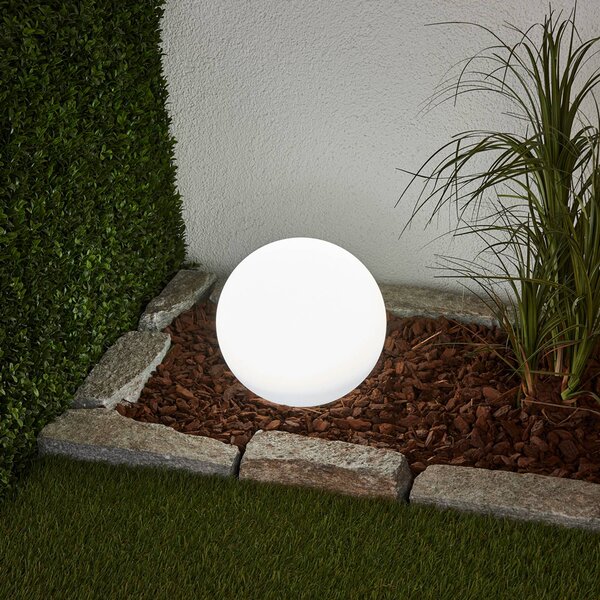 Lindby LED solární lampa Lago, Ø 25 cm, globus, zemnící hrot, bílá, Bílá / opál, Plast, Moderní, Venkovní koule