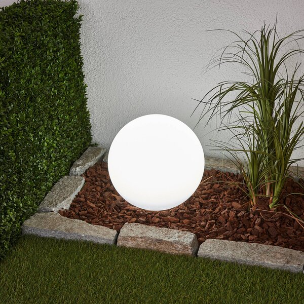 Lindby LED solární lampa Lago, Ø 30 cm, globus, zemní trn, bílá, Bílá / opál, Plast, Moderní, Venkovní koule