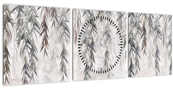 Obraz - Vrbové větvičky v šedé omítce (s hodinami) (90x30 cm)