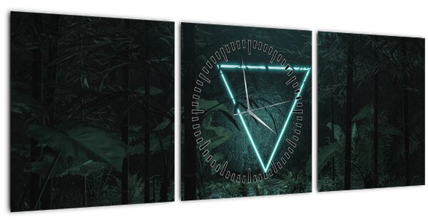 Obraz - Neonový trojúhelník v jungli (s hodinami) (90x30 cm)