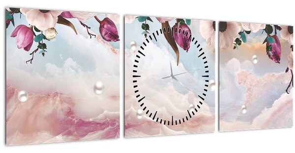 Obraz růžových květů s růžovým mramorem (s hodinami) (90x30 cm)