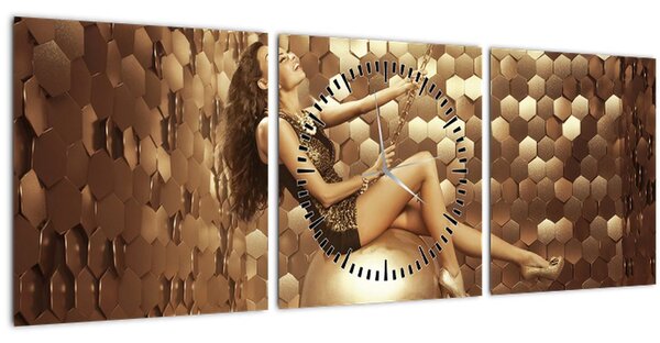 Obraz ženy ve zlaté místnosti (s hodinami) (90x30 cm)