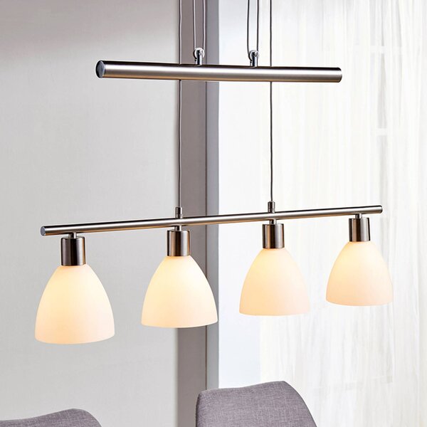 Lindby Závěsná lampa Simeon, barva niklu, sklo, 73 cm, E14, stmívatelný, Hliník / šedá / zinek, Obývací pokoj / jídelna, Sklo, Moderní