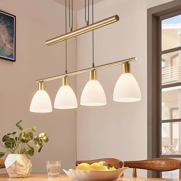 Lindby Závěsná lampa Simeon, mosazná barva, sklo, 73 cm, E14, stmívatelný, Mosaz / zlato, Obývací pokoj / jídelna, Sklo, Moderní