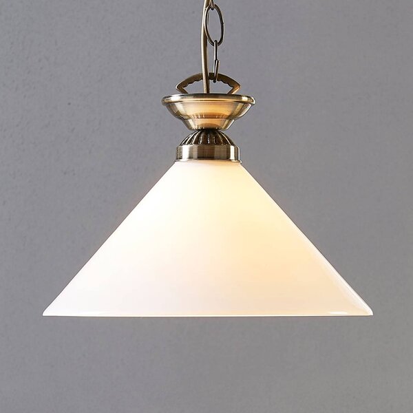 Lindby Závěsné svítidlo Otis, Ø 30 cm, bílé, sklo, kužel, E27, stmívatelný, Bronz / starožitná mosaz, Kuchyň, Sklo, Starožitný