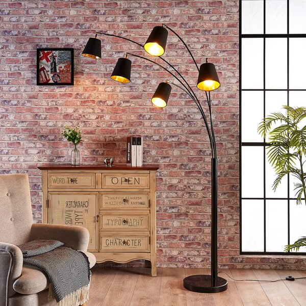 Lindby oblouková lampa Tinne, černá/zlatá, mramor, 5 žárovek, E14, Černá, Obývací pokoj / jídelna, Textil / tkanina / hedvábí, Moderní