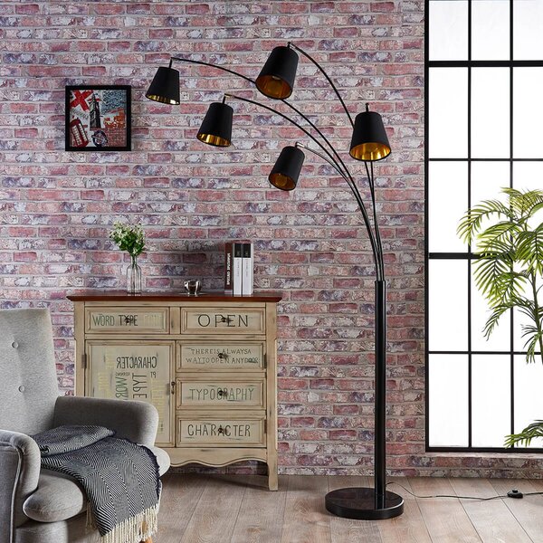 Lindby oblouková lampa Tinne, černá/zlatá, mramor, 5 žárovek, E14, Černá, Obývací pokoj / jídelna, Textil / tkanina / hedvábí, Moderní