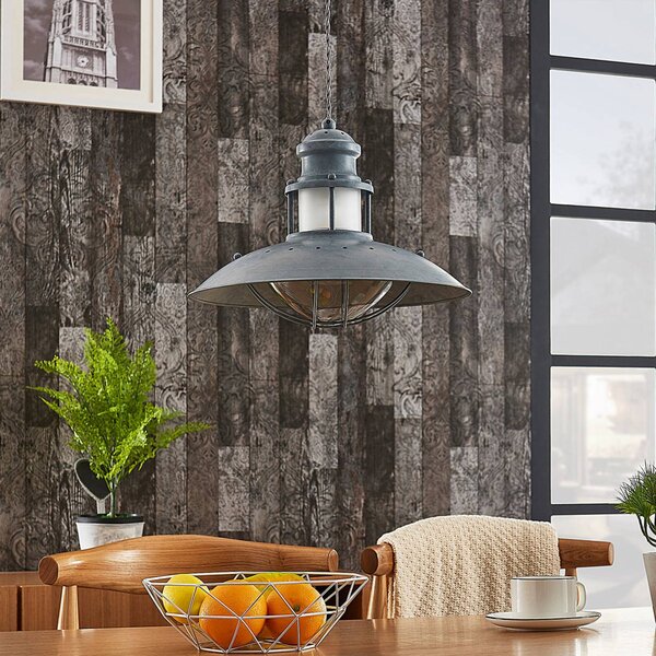 Lindby Závěsná lampa Louisanne, Ø35cm, šedozelená, kov, sklo, stmívatelný, Hliník / šedá / zinek, Kuchyň, kov, Industriální design