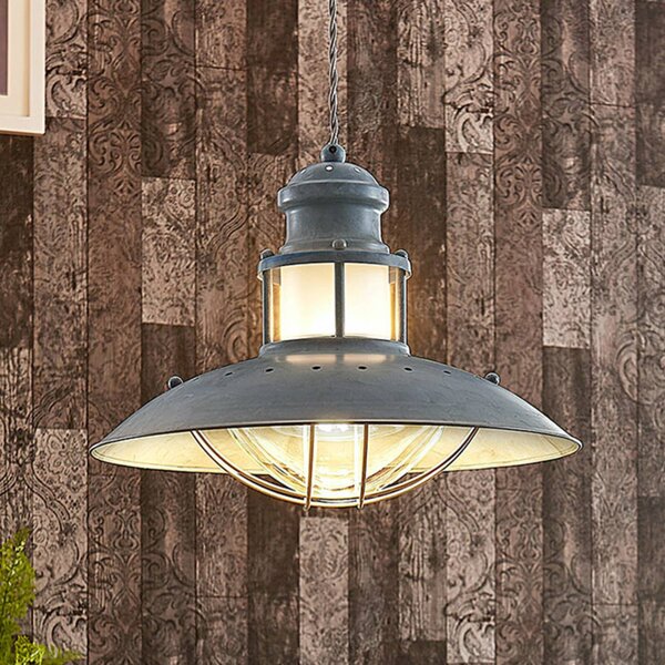 Lindby Závěsná lampa Louisanne, Ø35cm, šedozelená, kov, sklo, stmívatelný, Hliník / šedá / zinek, Kuchyň, kov, Industriální design