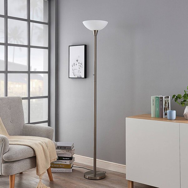 Lindby Stojací lampa Ignacia, barva niklu, sklo, 180 cm, E27, Hliník / šedá / zinek, Obývací pokoj / jídelna, kov, Moderní