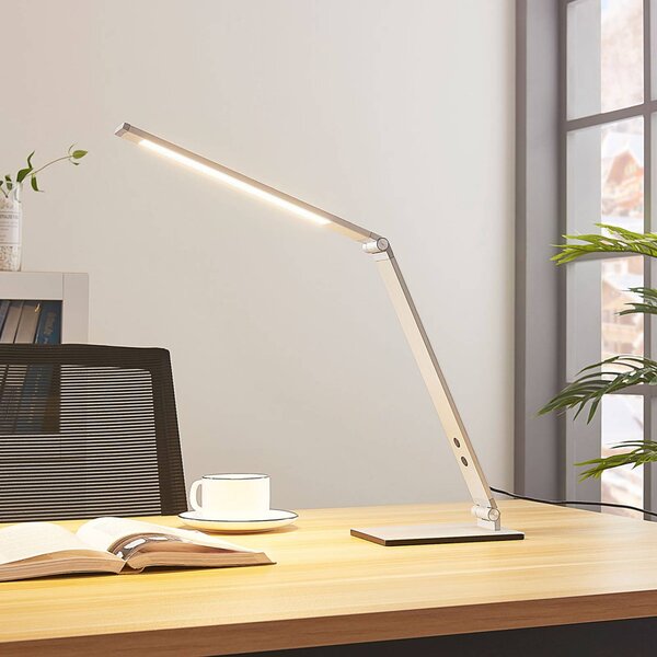 Lucande Stolní LED lampa Nicano, šedá, kov, tlumená., stmívatelný, Hliník / šedá / zinek, Pracovna / kancelář, Hliník, Moderní