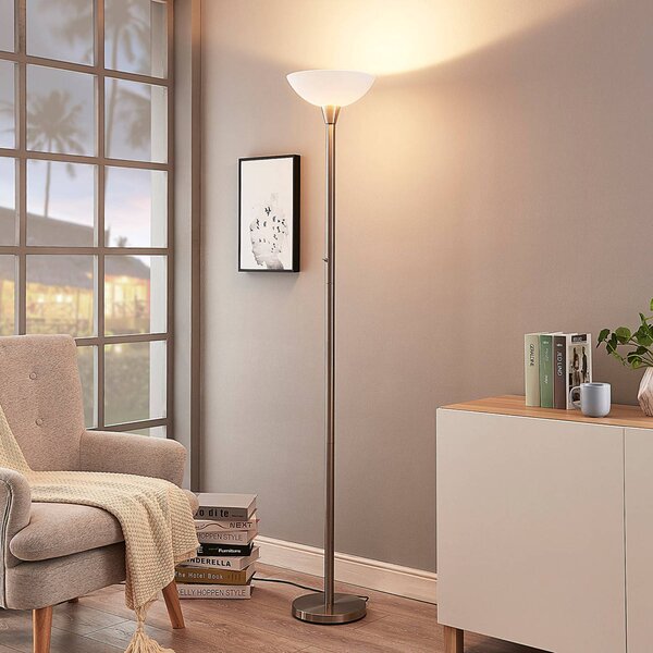 Lindby Stojací lampa Ignacia, barva niklu, sklo, 180 cm, E27, Hliník / šedá / zinek, Obývací pokoj / jídelna, kov, Moderní