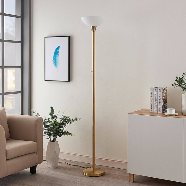 Lindby Stojací lampa Ignacia, mosazná barva, sklo, 180 cm, E27, Mosaz / zlato, Obývací pokoj / jídelna, kov, Moderní