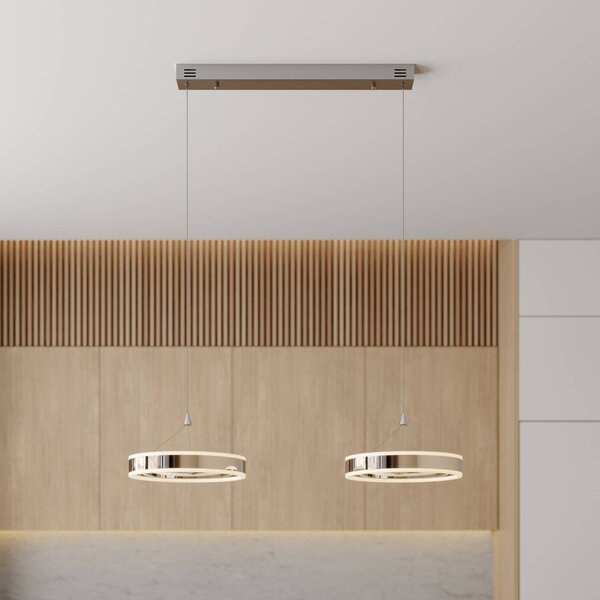 Lucande LED závěsné svítidlo Lyani, 85 cm, 2 světla, chrom, stmívatelné, stmívatelný, Chrom / stříbro, Obývací pokoj / jídelna, kov, Moderní