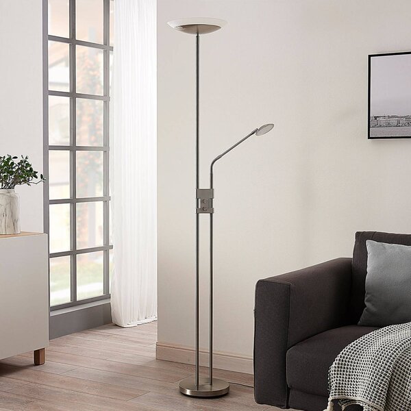 Lindby LED stojací lampa Jonne, kulatá, s ramenem na čtení, stmívatelné, 180 cm, stmívatelný, Hliník / šedá / zinek, Obývací pokoj / jídelna, kov, Moderní, Lampička na čtení